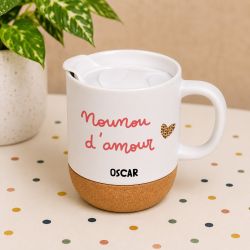 Mug personnalisé Nounou d'amour avec base en liège – Cadeau nounou personnalisé avec prénom