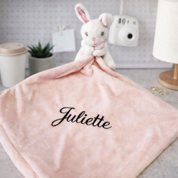 Doudou hochet personnalisé Lapin rose