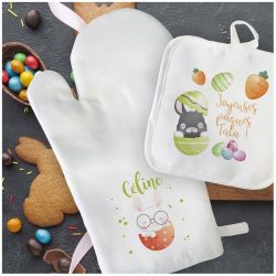 Manique + gant de cuisine personnalisés motif Pâques