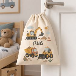 Pochon personnalisé Engins de chantier avec prénom – Sac enfant 30 x 45 cm