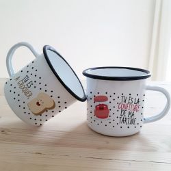 Duo de tasses émaillées (recto/verso) pour couple modèle "Tartine & confiture"