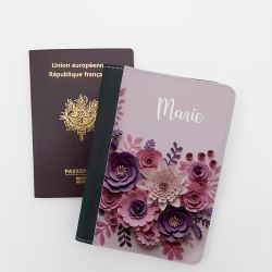 Protège passeport personnalisable fleuri mauve