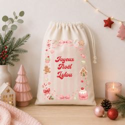Pochon de Noël personnalisé avec prénom - Candy Christmas - Sac cadeau réutilisable en coton