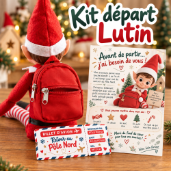 Kit départ lutin farceur Noël – Sac à dos + billet avion retour Pôle Nord + lettre – Accessoires lutin tradition de Noël enfant