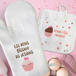 Duo Manique + gant personnalisés de cuisine pour Super Mamie, Tata, Marraine. Motif Cupcake