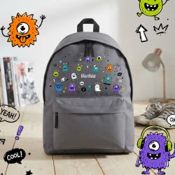 Sac à dos école enfant personnalisé avec prénom | Monstres - Couleur Gris Grand 18L