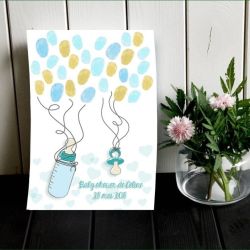 Affiche à empreintes Tétine et biberon pour baby shower (bleu)