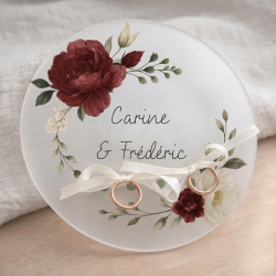 Plateau porte alliances mariage satiné imprimé | Modèle Pivoines