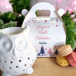 Box personnalisablede Noêl brûleur de parfum Chouette + fondants macarons Orange épicée