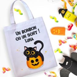 Tote bag enfant personnalisé Halloween Chat Citrouille
