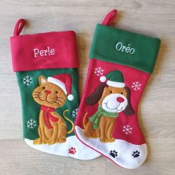 Grande chaussette / botte de Noël brodée personnalisable Chat et chien